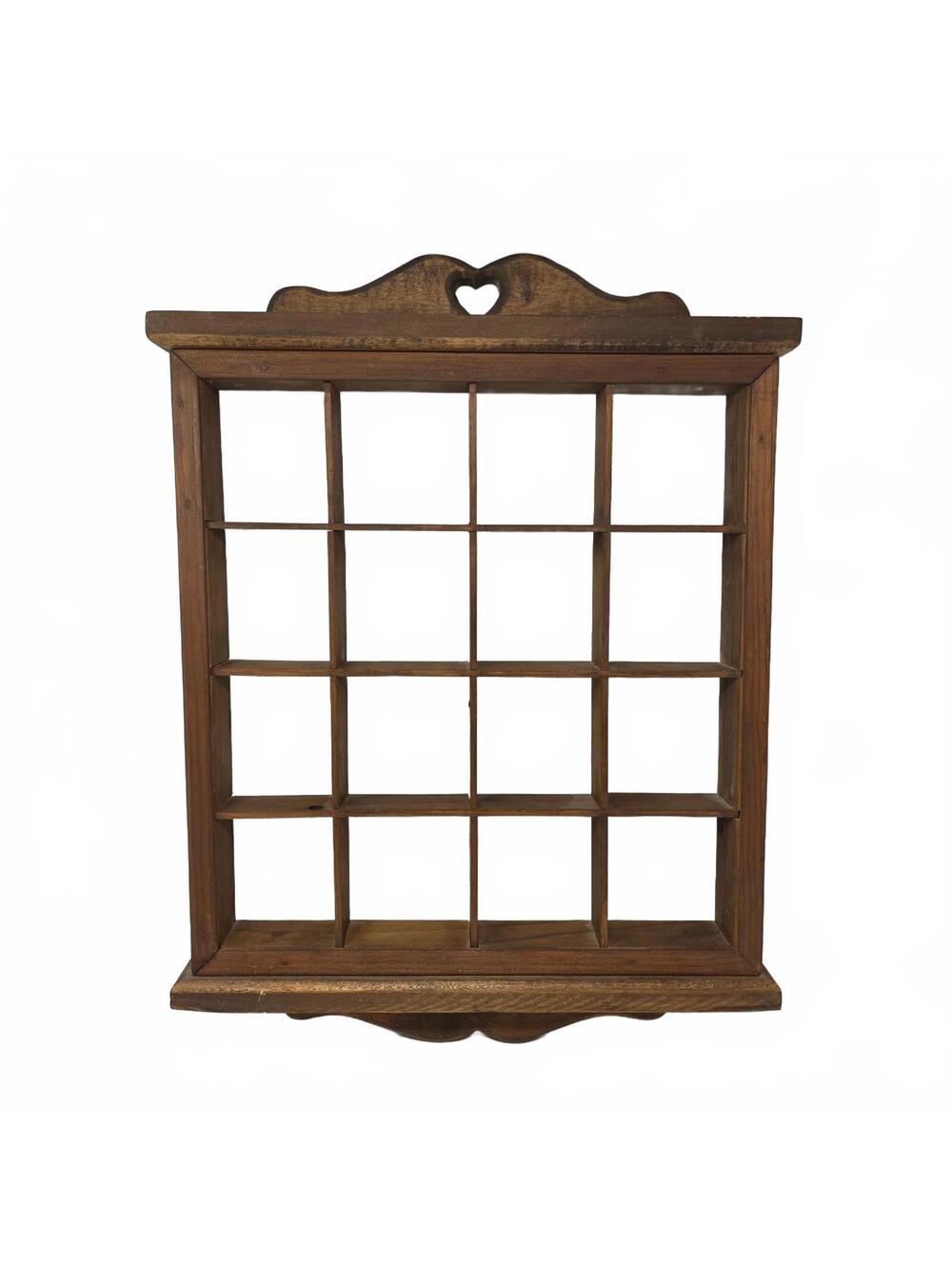 Wood Wall Display Shelf with Heart Cutout, 16 Cubby Curio Shelf